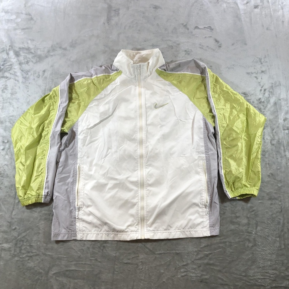 Vintage Nike Jacket Womens Medium White Gray Lime Windbreaker Full Zip Track Y2K